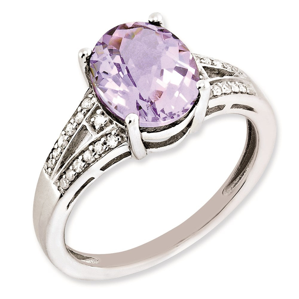 Sterling Silver Rhodium Plated Diamond & Pink Quartz Ring