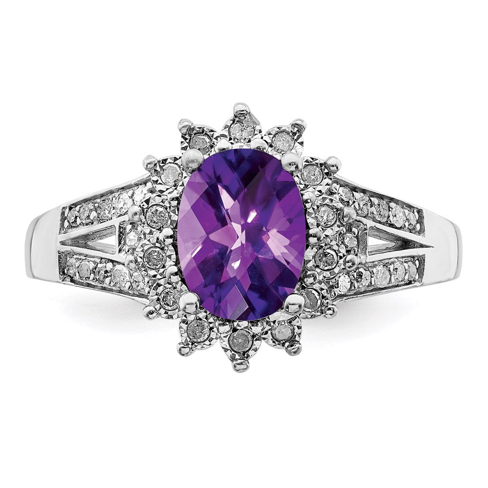 Sterling Silver Rhodium Plated Diamond & Checker Cut Amethyst Ring (Size 6 Only)
