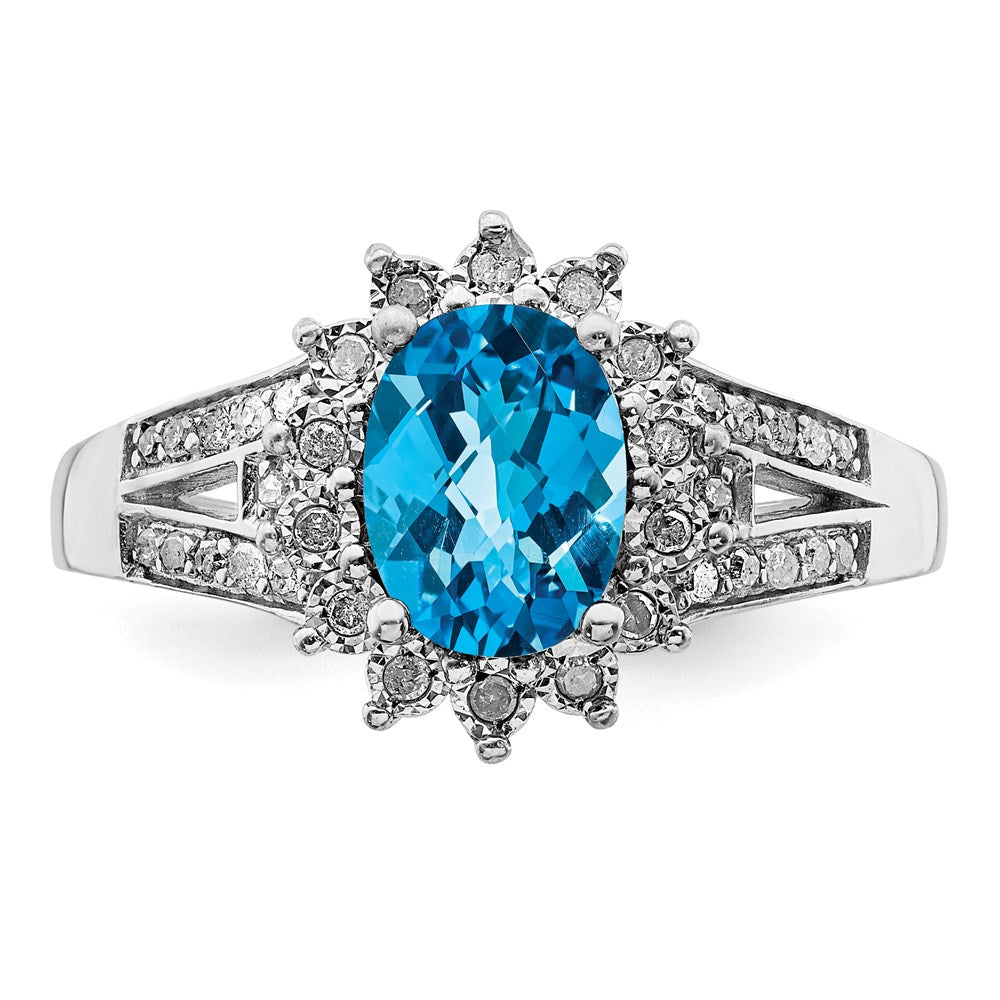 Sterling Silver Rhodium Diamond & Oval Checker Cut Blue Topaz Ring (Size 7 Only)