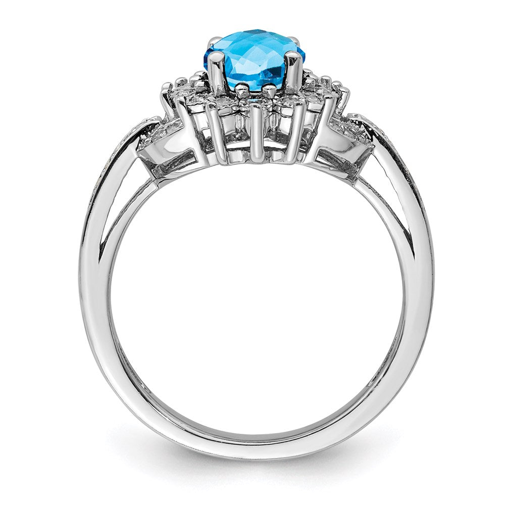 Sterling Silver Rhodium Diamond & Oval Checker Cut Blue Topaz Ring (Size 7 Only)