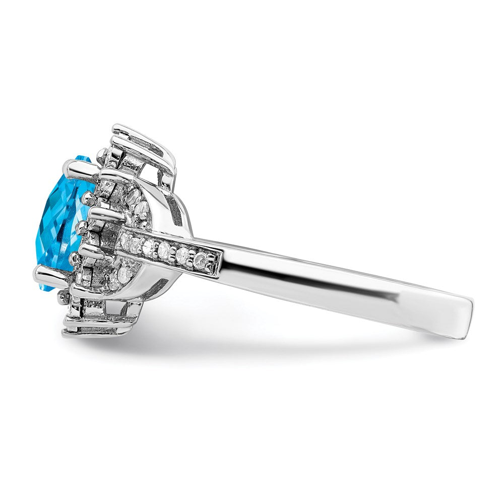 Sterling Silver Rhodium Diamond & Oval Checker Cut Blue Topaz Ring (Size 7 Only)