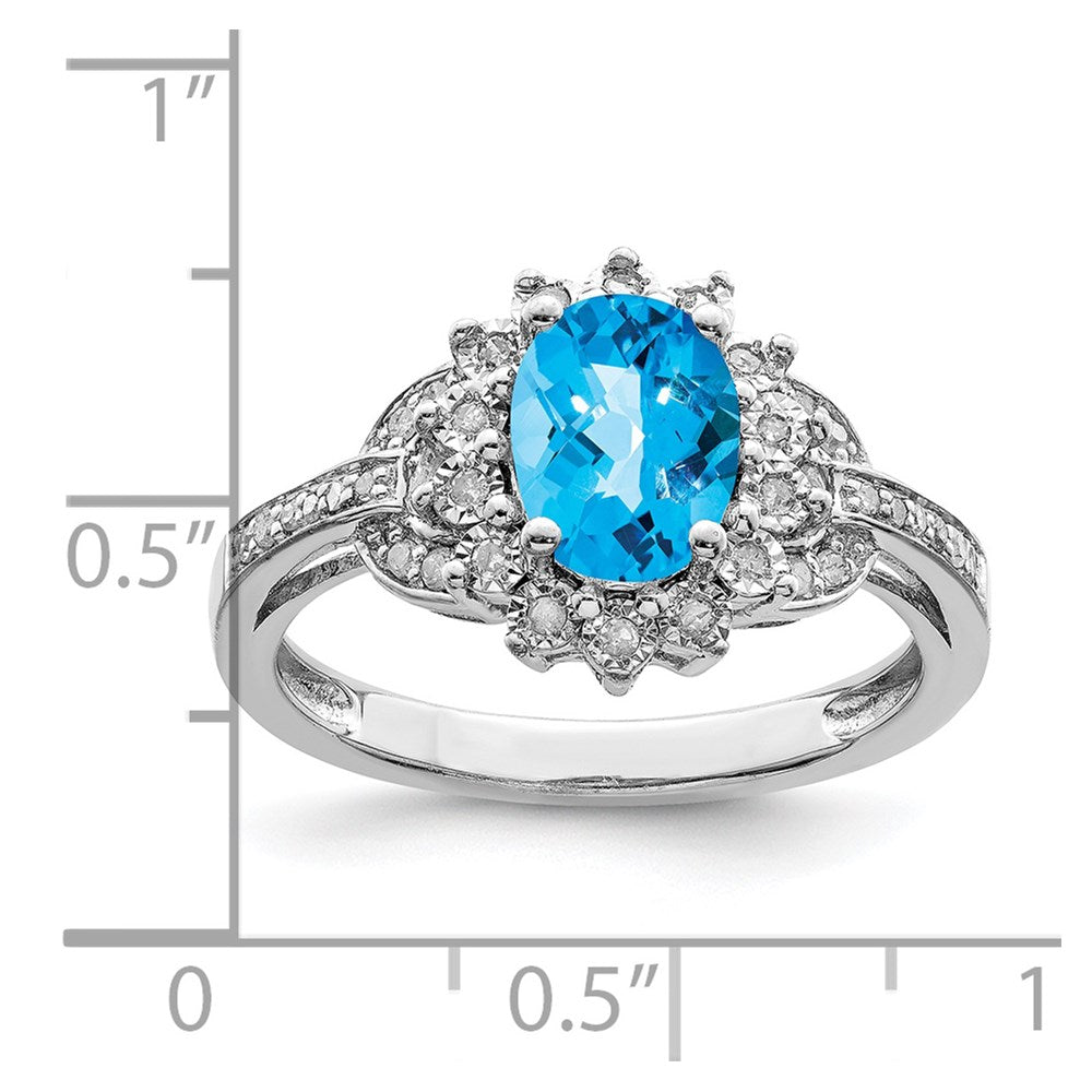 Sterling Silver Rhodium Diamond & Oval Checker Cut Blue Topaz Ring (Size 7 Only)