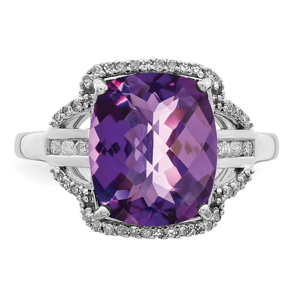 Sterling Silver Rhodium Plated Checker Cut Amethyst & Diamond Ring (Size 7 Only)