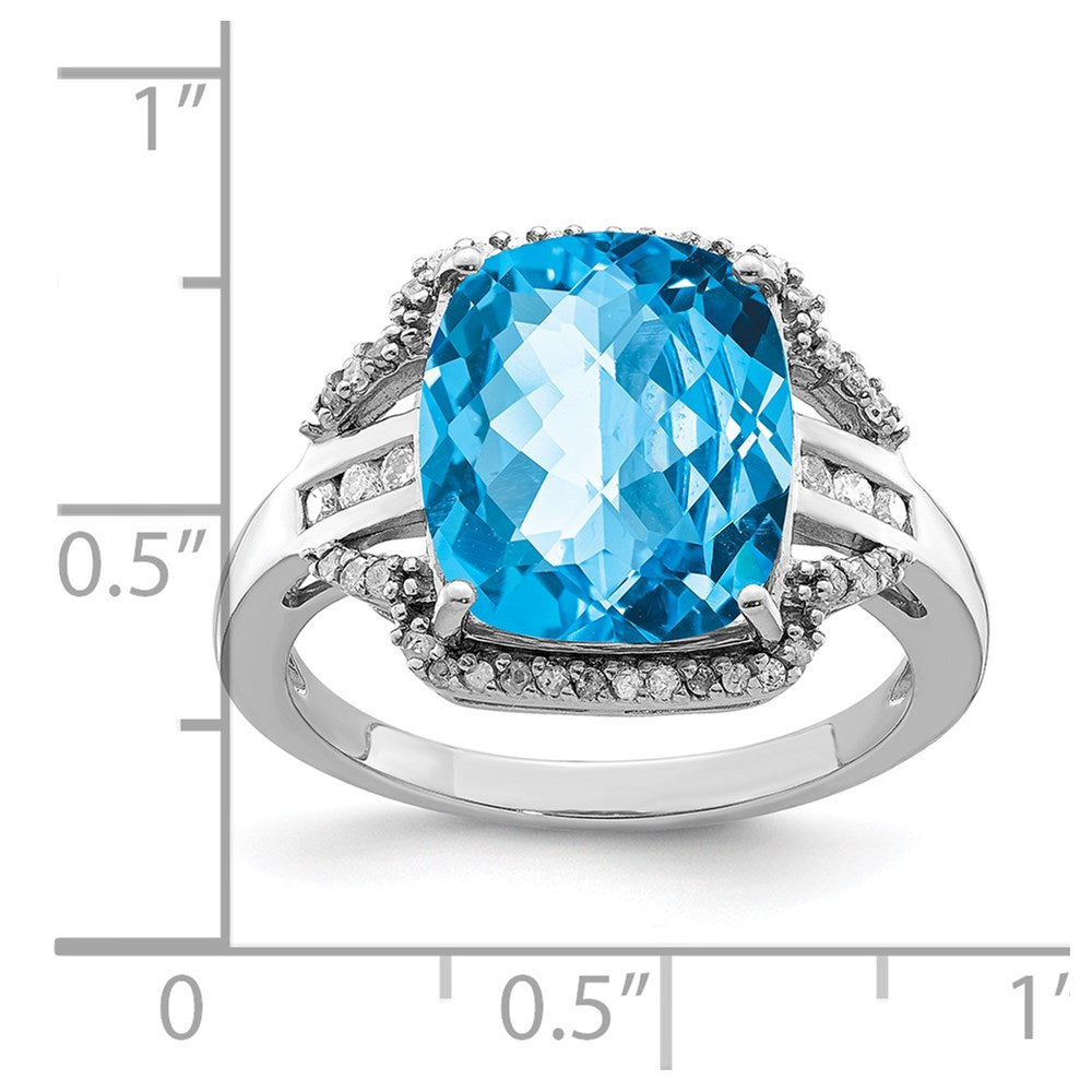 Sterling Silver Rhodium Checker Cut Blue Topaz & Diamond Ring (Size 7 Only)