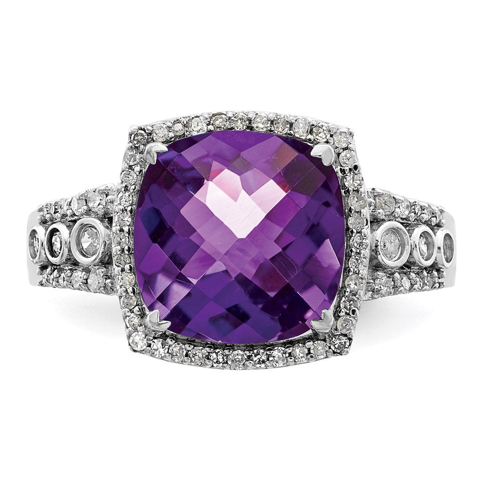 Sterling Silver Rhodium Plated Checker Cut Amethyst & Diamond Ring (Size 7 Only)