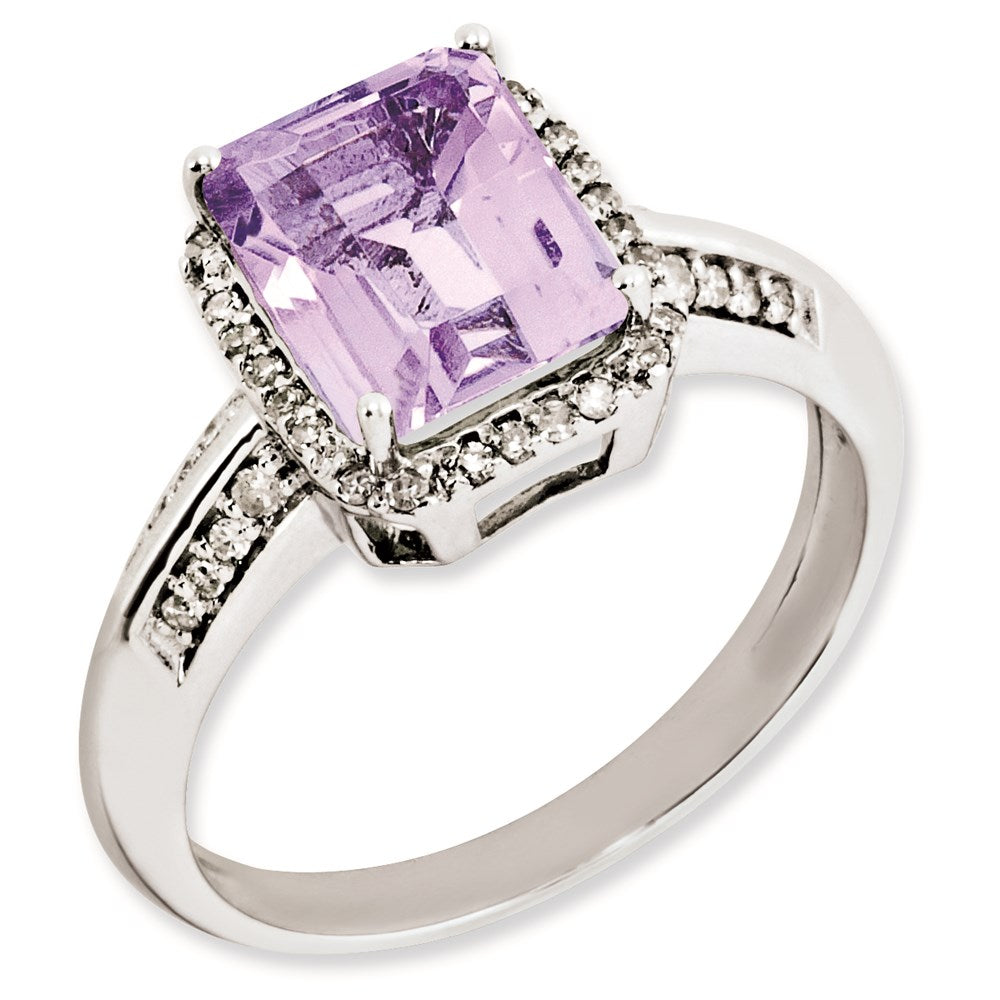 Sterling Silver Rhodium Plated Diamond & Pink Quartz Ring