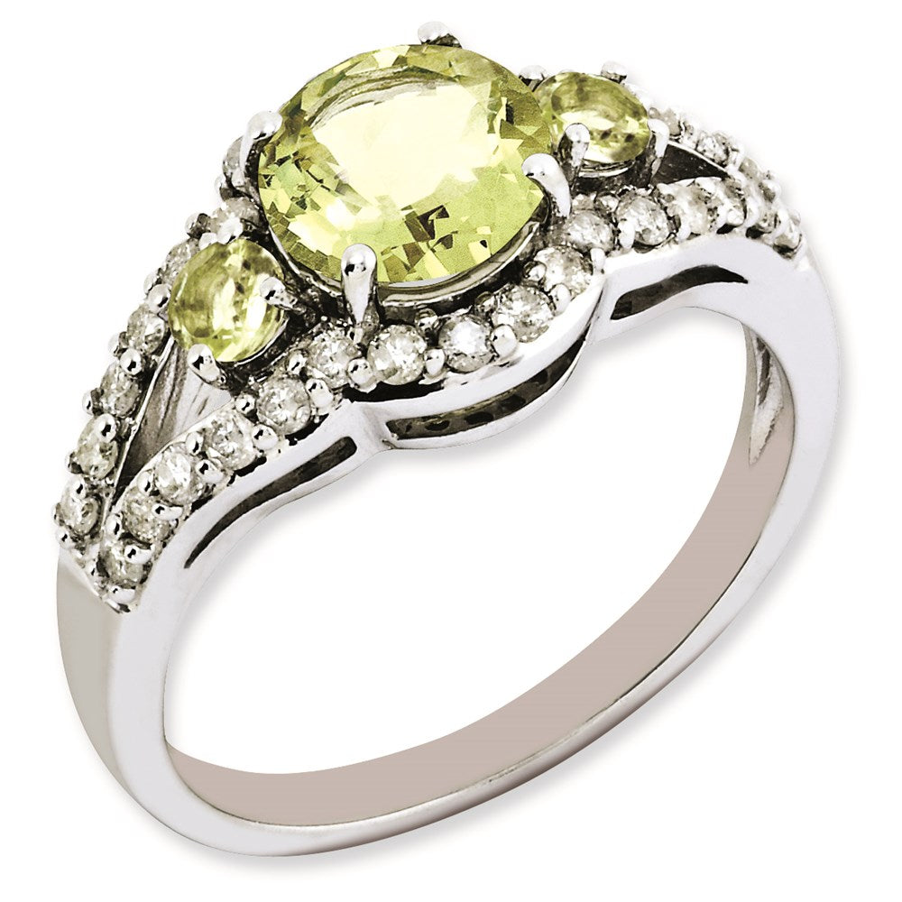 Sterling Silver Rhodium Plated Diamond & Lemon Quartz Ring