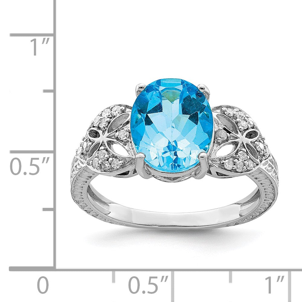 Sterling Silver Rhodium Oval Blue Topaz & Diamond Ring (Size 7 Only)