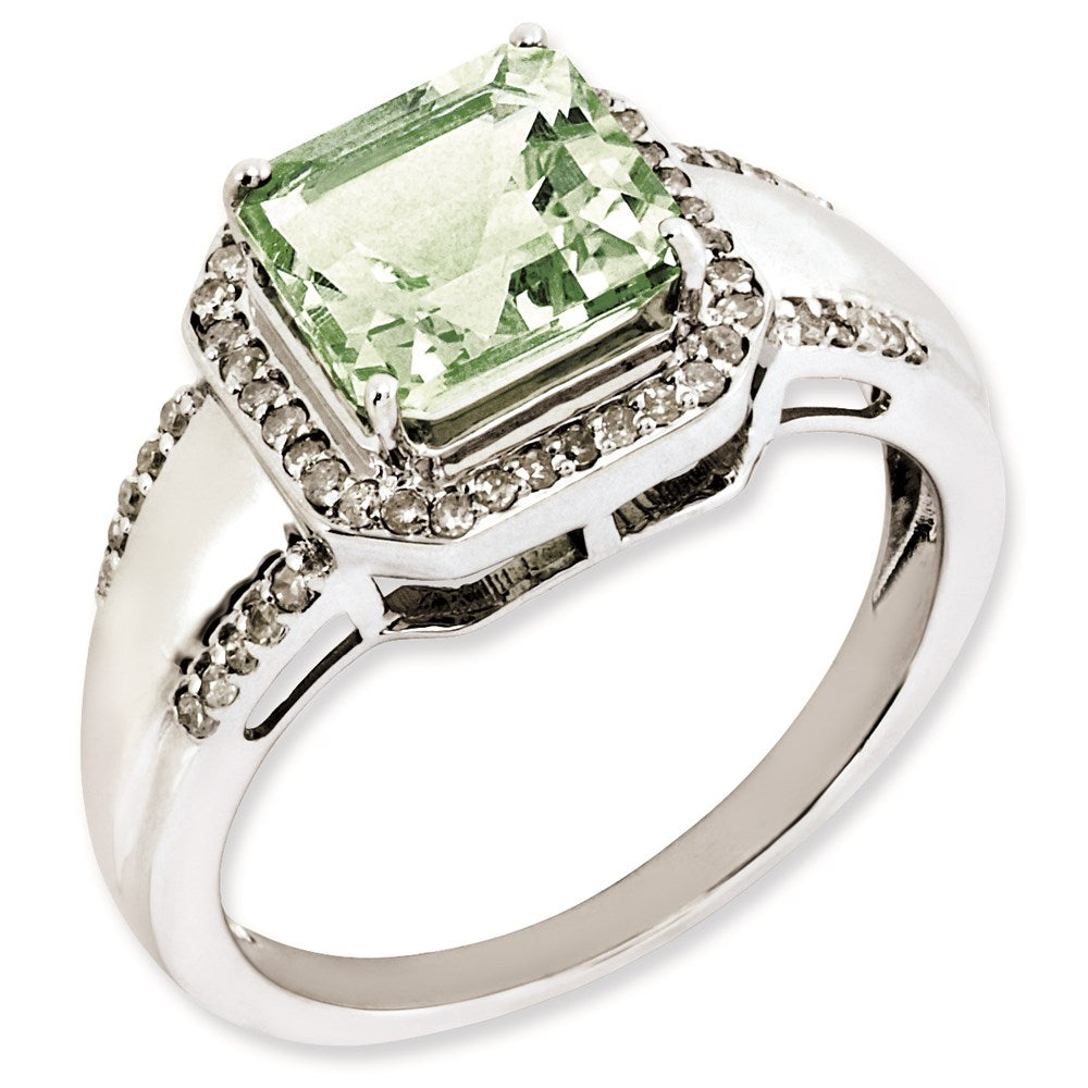 Sterling Silver Rhodium Plated Square Diamond & Green Quartz Ring