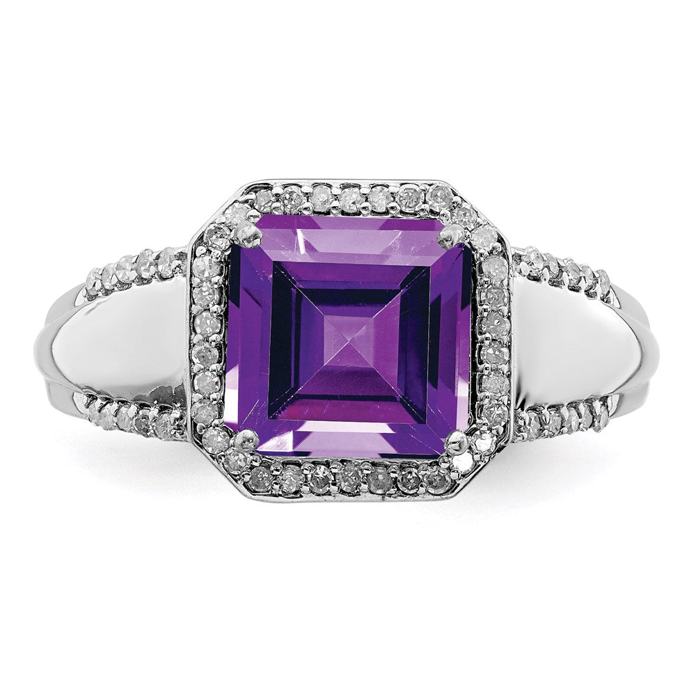Sterling Silver Rhodium Plated Square Amethyst & Diamond Ring (Size 7 Only)