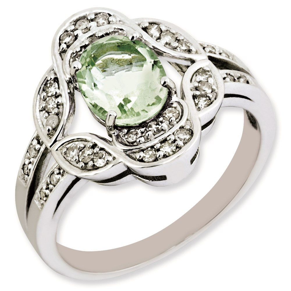 Sterling Silver Rhodium Plated Oval Diamond & Green Quartz Ring