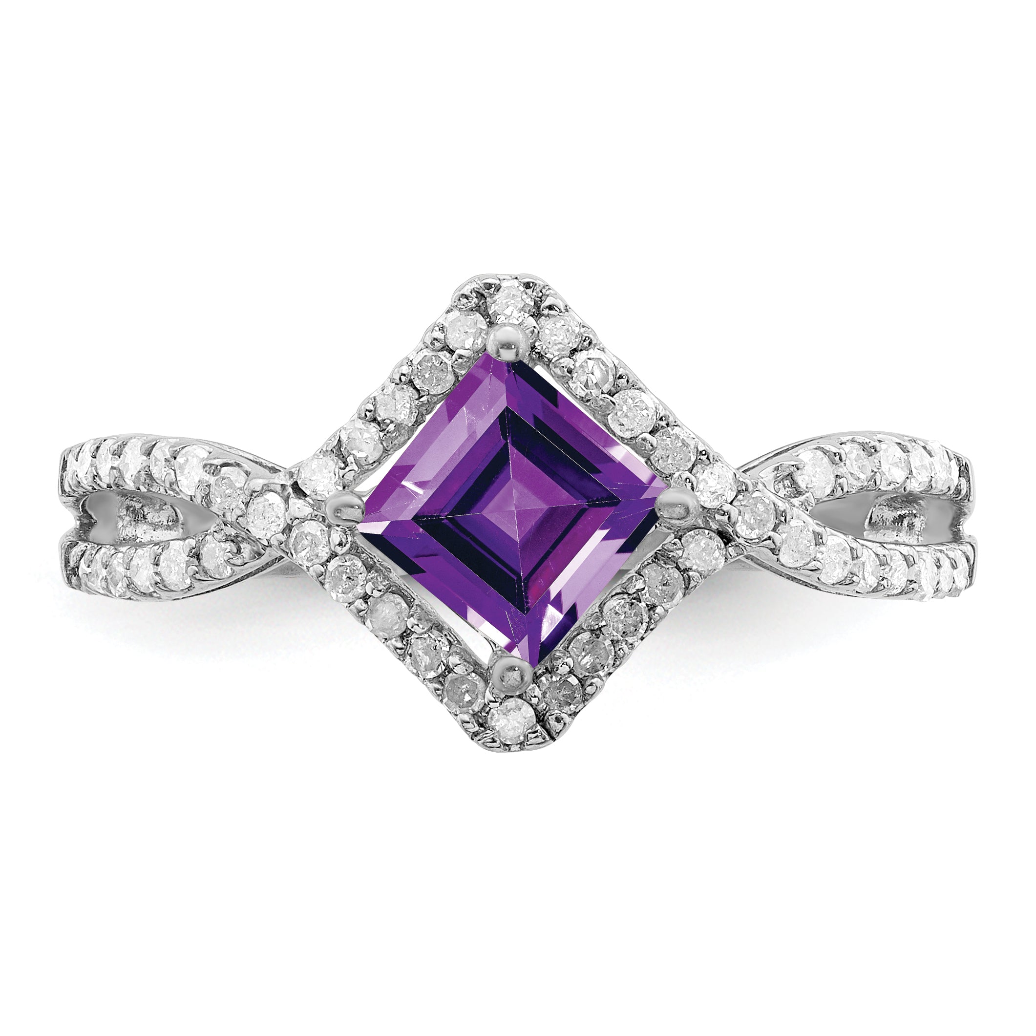 Sterling Silver Rhodium Plated Diamond & Amethyst Ring