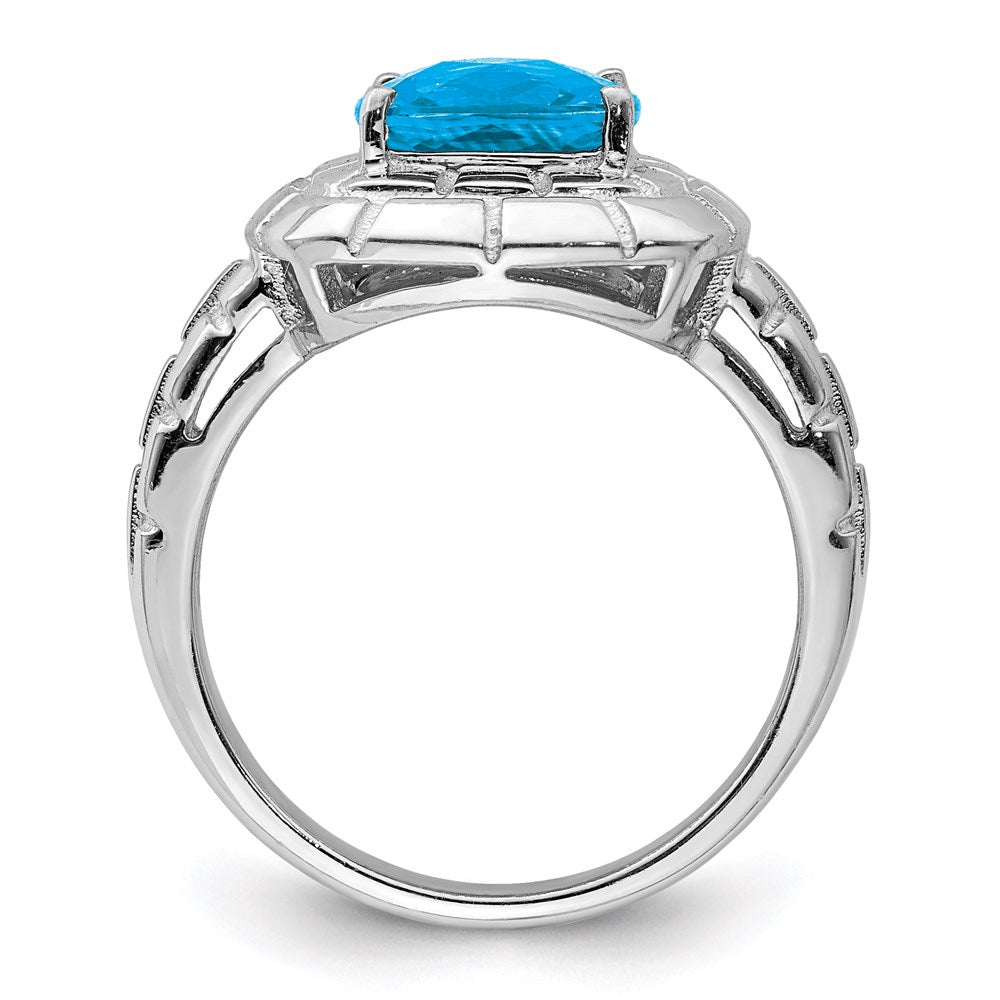 Sterling Silver Rhodium Checker Cut Blue Topaz Ring (Size 7 Only)
