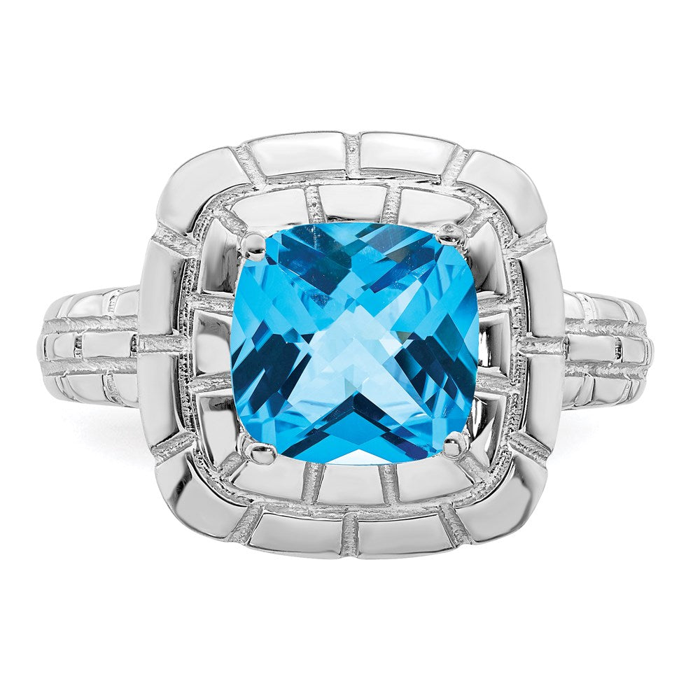 Sterling Silver Rhodium Checker Cut Blue Topaz Ring (Size 7 Only)