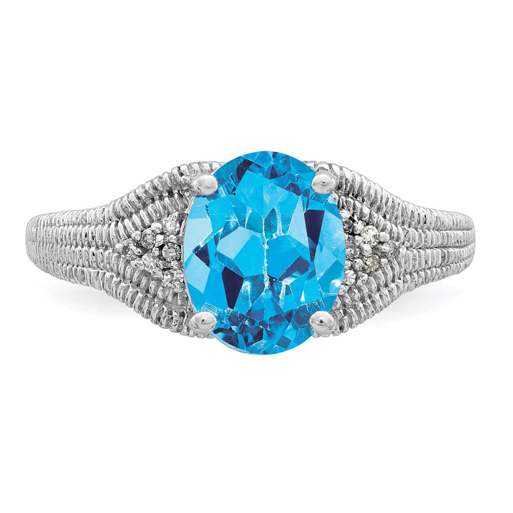 Sterling Silver Rhodium Oval Blue Topaz & Diamond Ring (Size 7 Only)