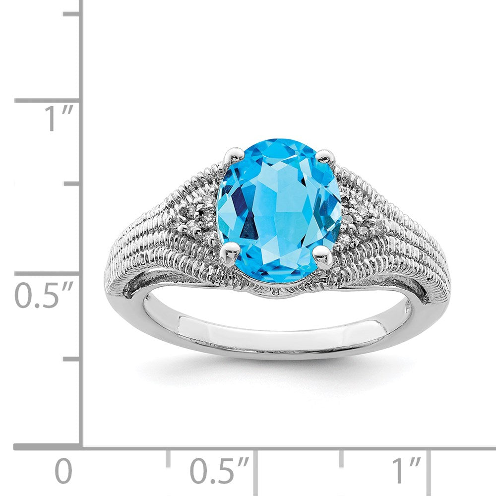 Sterling Silver Rhodium Oval Blue Topaz & Diamond Ring (Size 7 Only)
