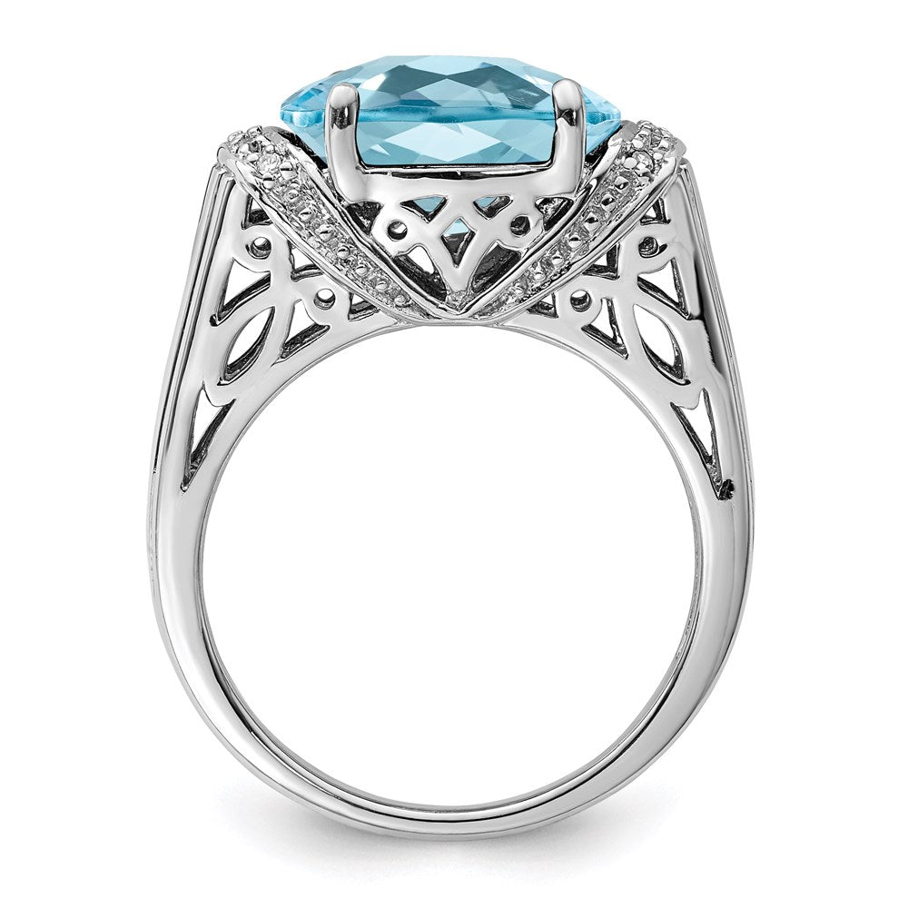 Sterling Silver Rhodium Checker Cut Sky Blue Topaz & Diamond Ring