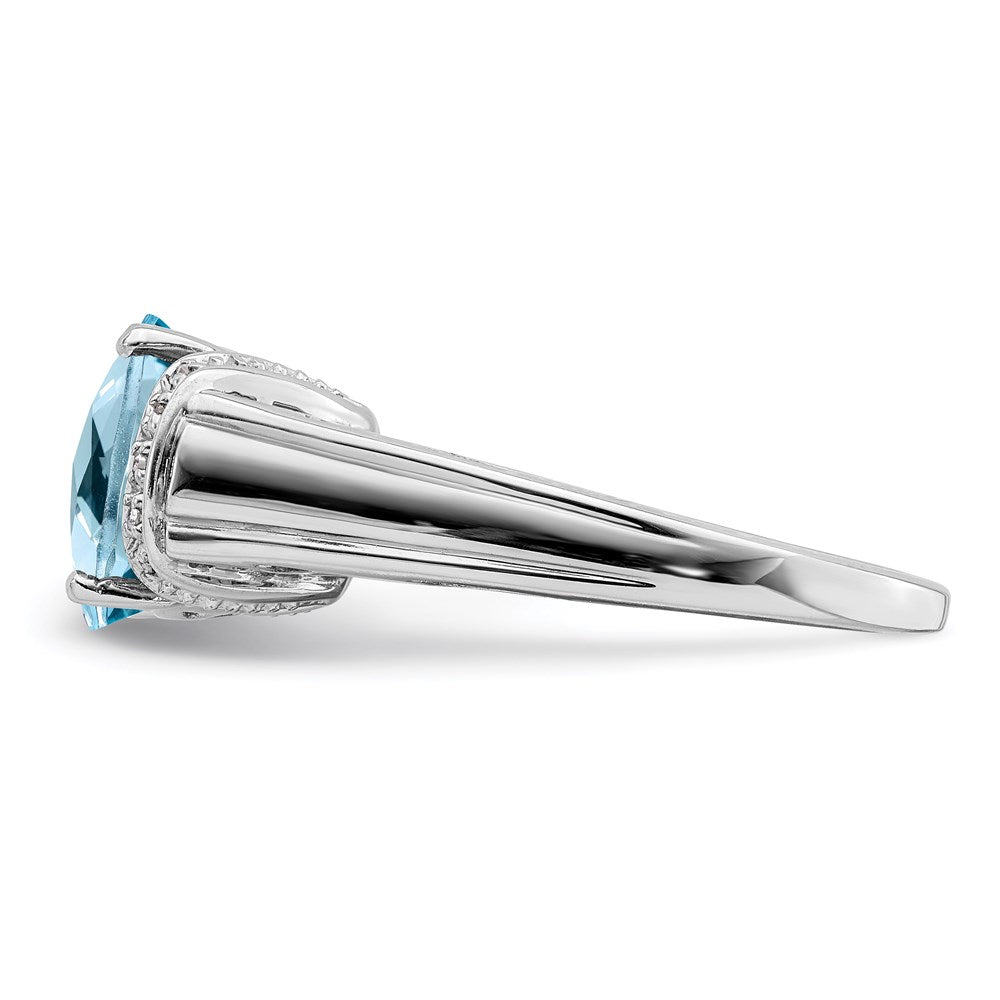Sterling Silver Rhodium Checker Cut Sky Blue Topaz & Diamond Ring
