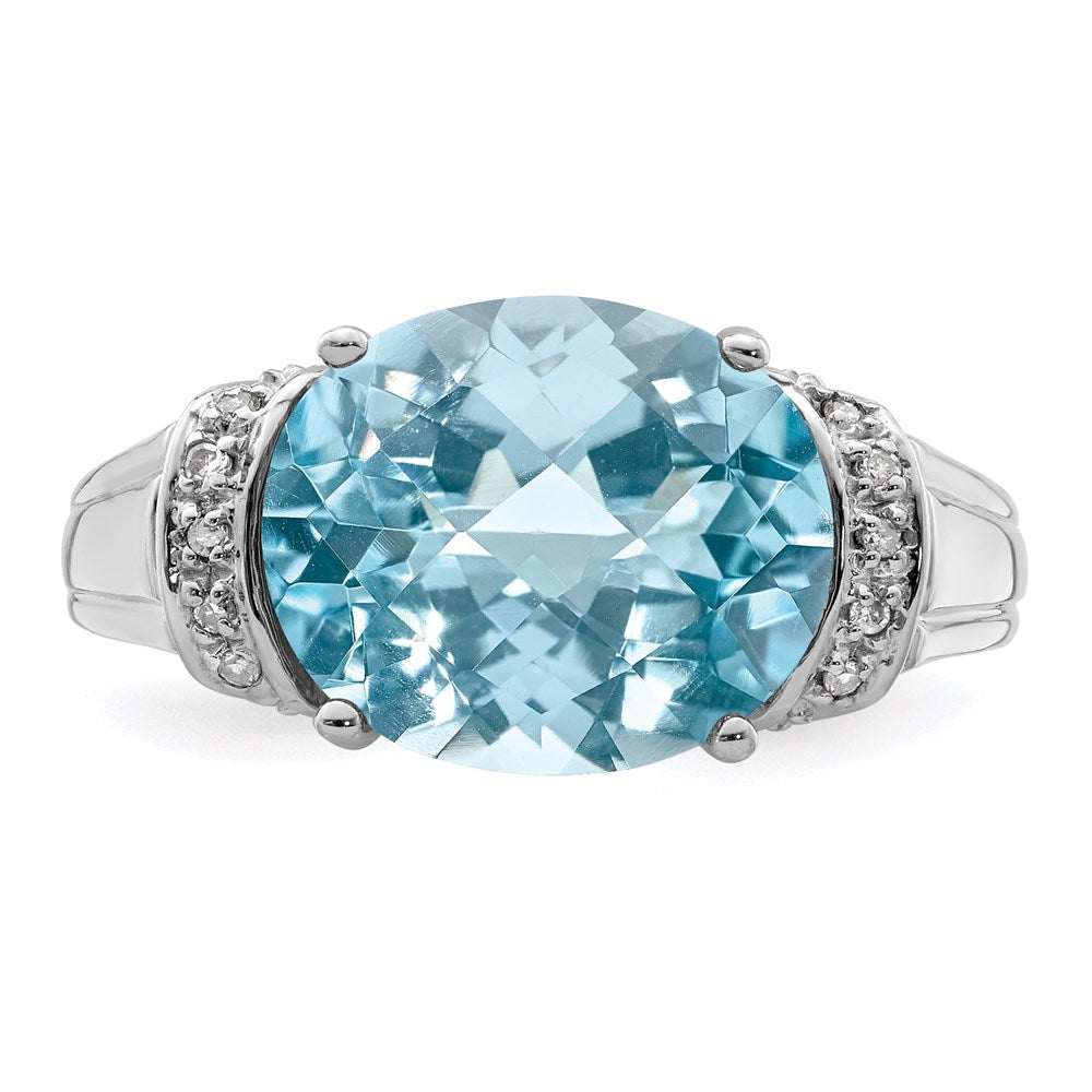 Sterling Silver Rhodium Checker Cut Sky Blue Topaz & Diamond Ring