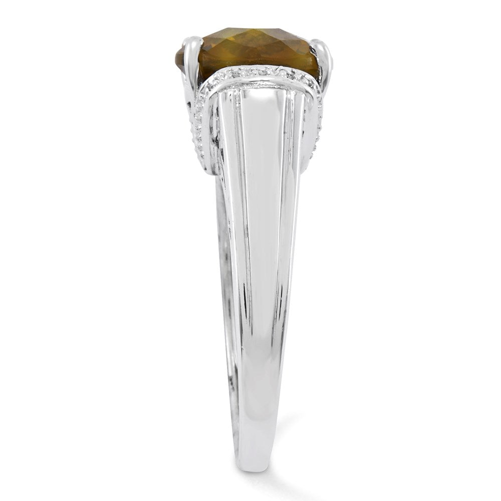 Sterling Silver Rhodium Plated Checker Cut Whiskey Quartz Ring