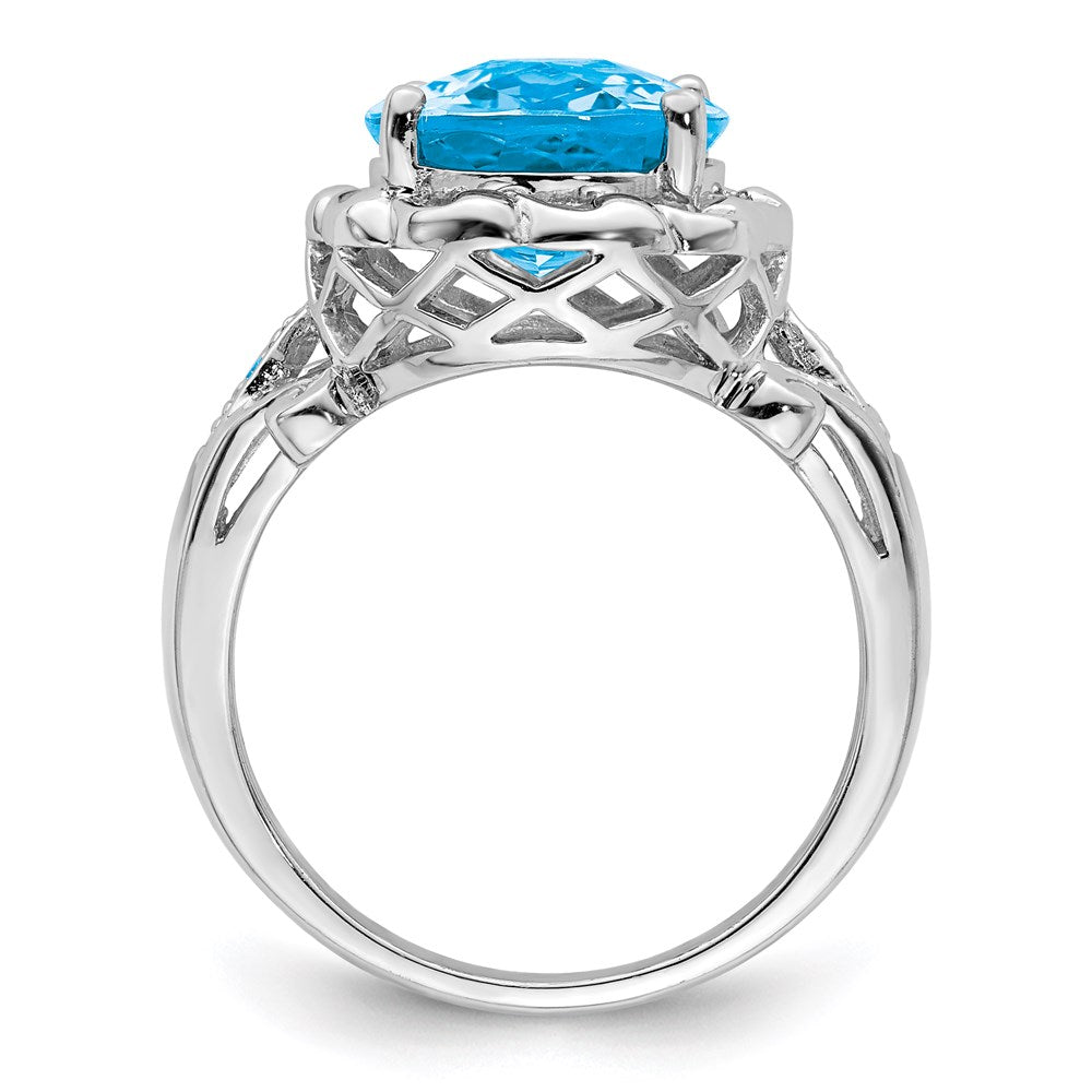 Sterling Silver Rhodium Oval Checker Cut Blue Topaz & Diamond Ring (Size 7 Only)