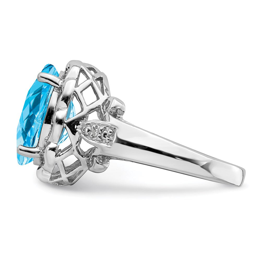 Sterling Silver Rhodium Oval Checker Cut Blue Topaz & Diamond Ring (Size 7 Only)
