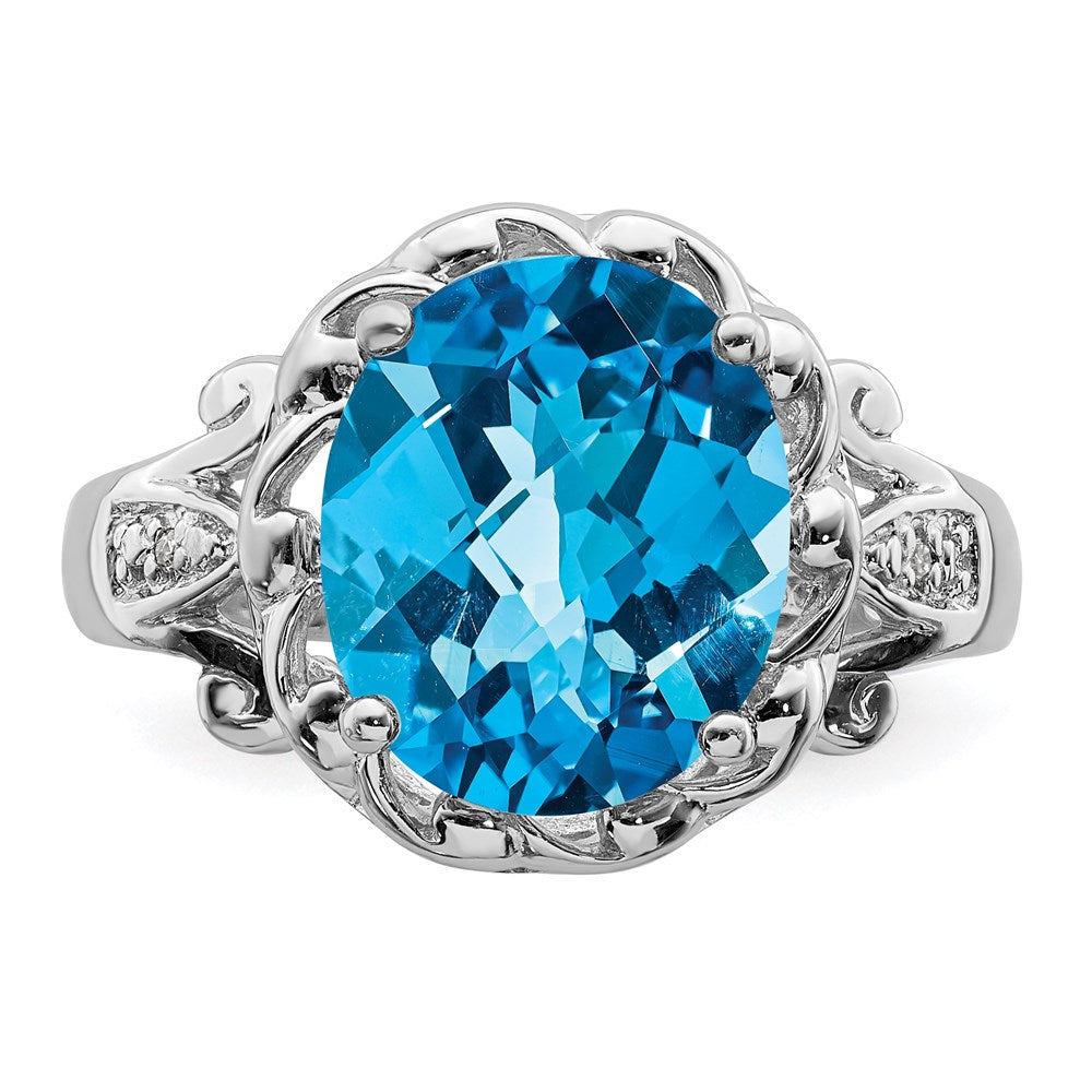 Sterling Silver Rhodium Oval Checker Cut Blue Topaz & Diamond Ring (Size 7 Only)