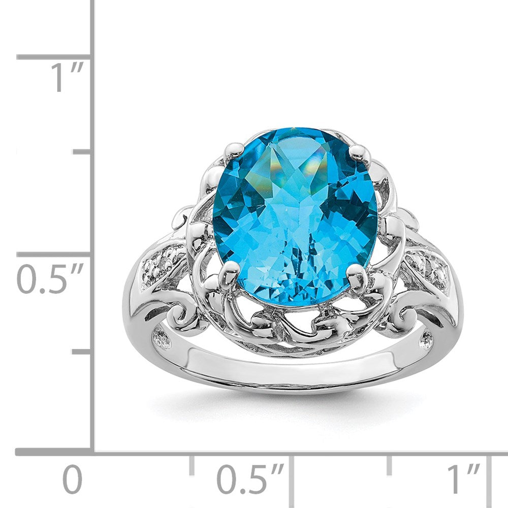 Sterling Silver Rhodium Oval Checker Cut Blue Topaz & Diamond Ring (Size 7 Only)
