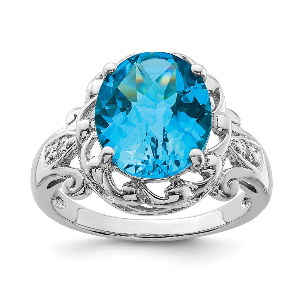 Sterling Silver Rhodium Oval Checker Cut Blue Topaz & Diamond Ring (Size 7 Only)