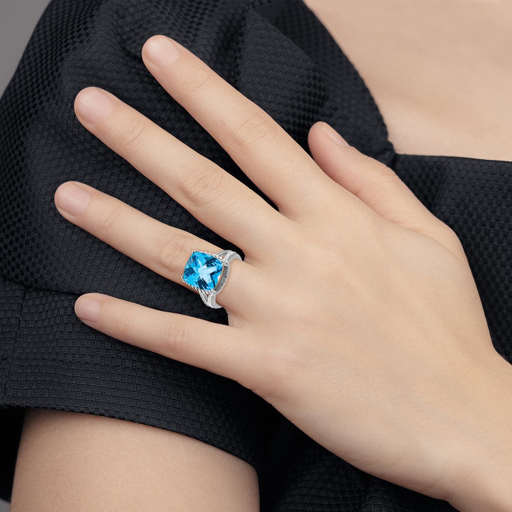 Sterling Silver Rhodium Checker Cut Blue Topaz Ring (Size 7 Only)