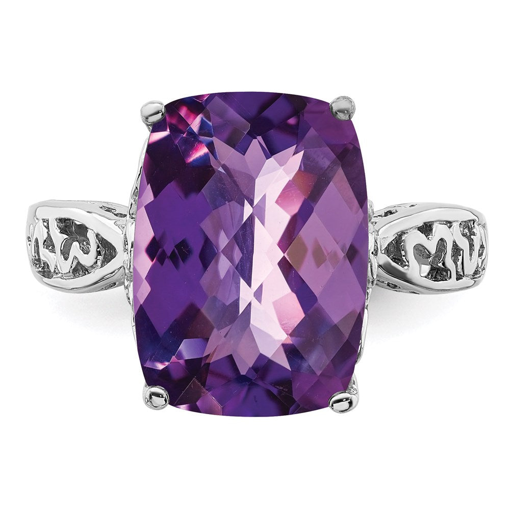 Sterling Silver Rhodium Plated Checker Cut Amethyst Ring (Size 7 Only)