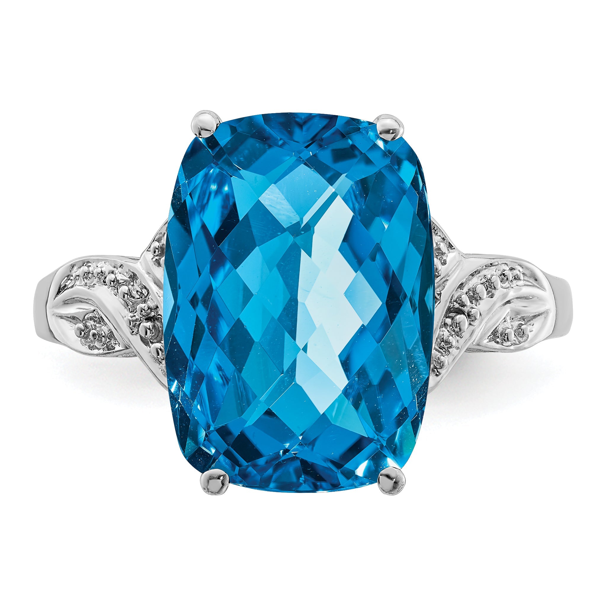 Sterling Silver Rhodium Checker Cut Blue Topaz Ring (Size 7 Only)
