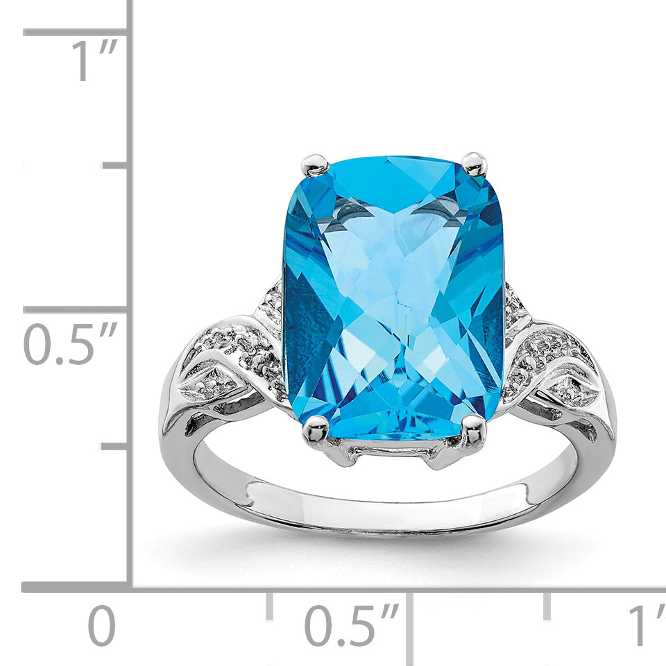 Sterling Silver Rhodium Checker Cut Blue Topaz Ring (Size 7 Only)