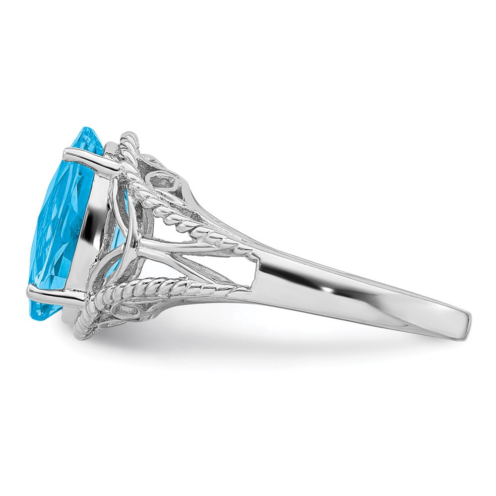Sterling Silver Rhodium Oval Checker Cut Blue Topaz Ring (Size 7 Only)
