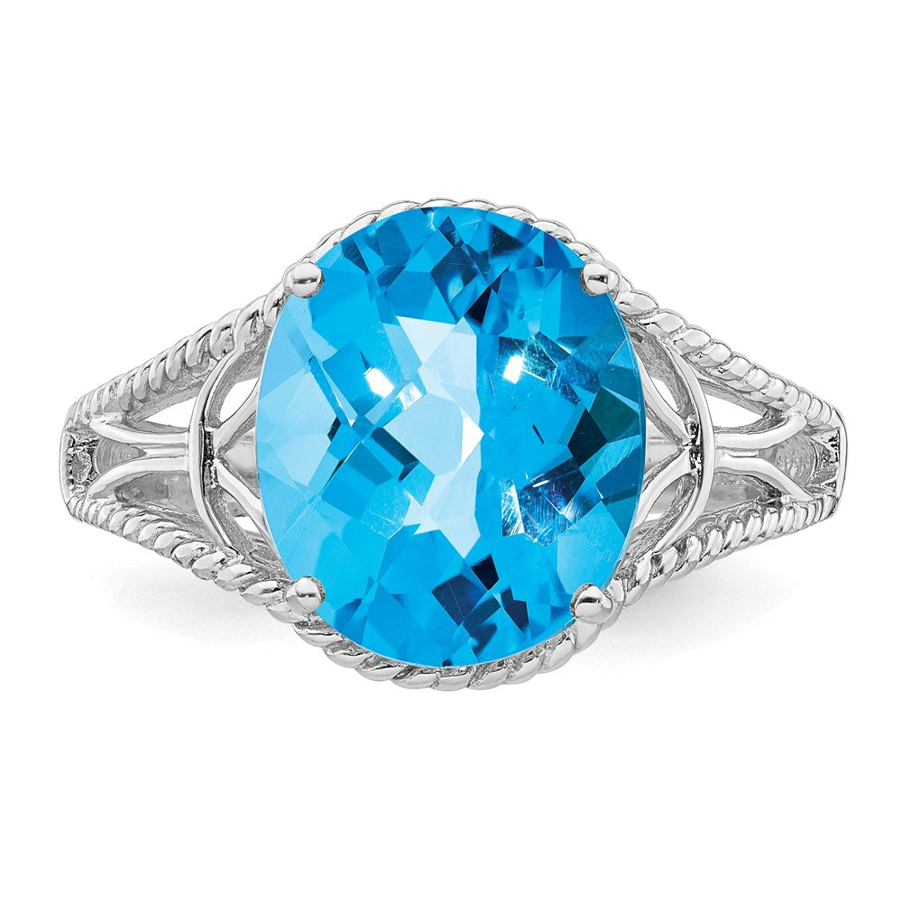 Sterling Silver Rhodium Oval Checker Cut Blue Topaz Ring (Size 7 Only)