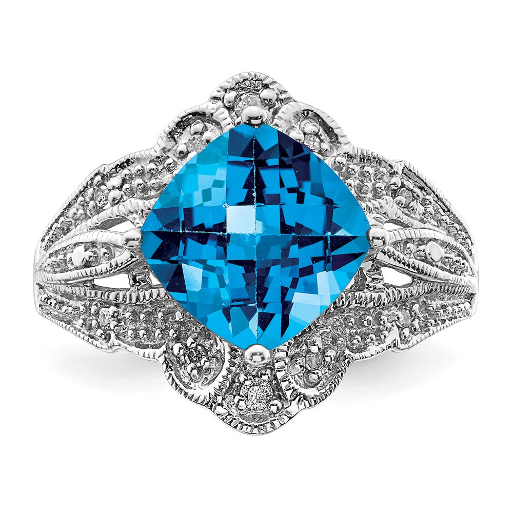 Sterling Silver Rhodium Checker Cut Blue Topaz & Diamond Ring (Size 7 Only)