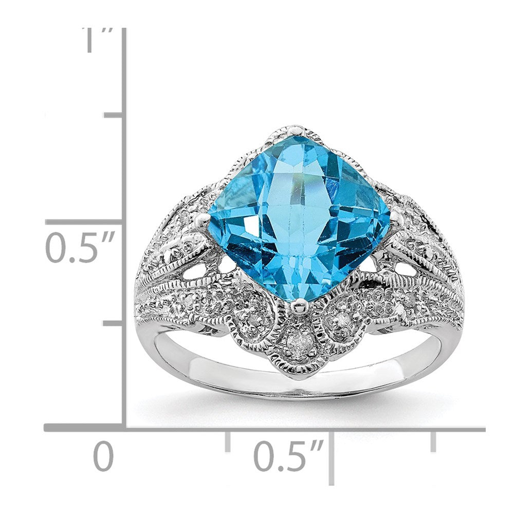 Sterling Silver Rhodium Checker Cut Blue Topaz & Diamond Ring (Size 7 Only)