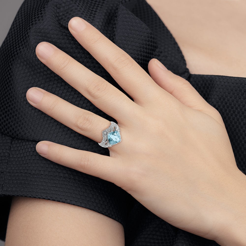 Sterling Silver Rhodium Checker Cut Sky Blue Topaz & Diamond Ring (Size 7 Only)