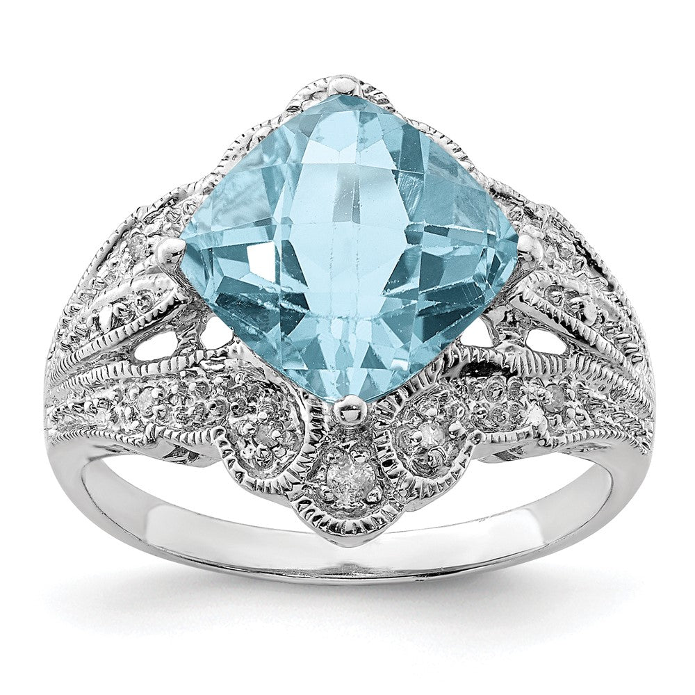 Sterling Silver Rhodium Checker Cut Sky Blue Topaz & Diamond Ring (Size 7 Only)
