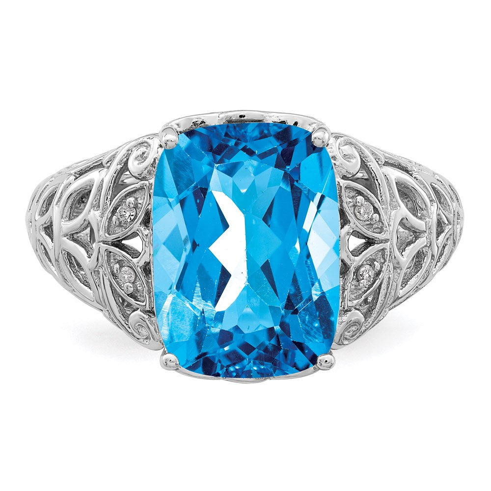Sterling Silver Rhodium Swiss Blue Topaz & Diamond Ring (Size 7 Only)