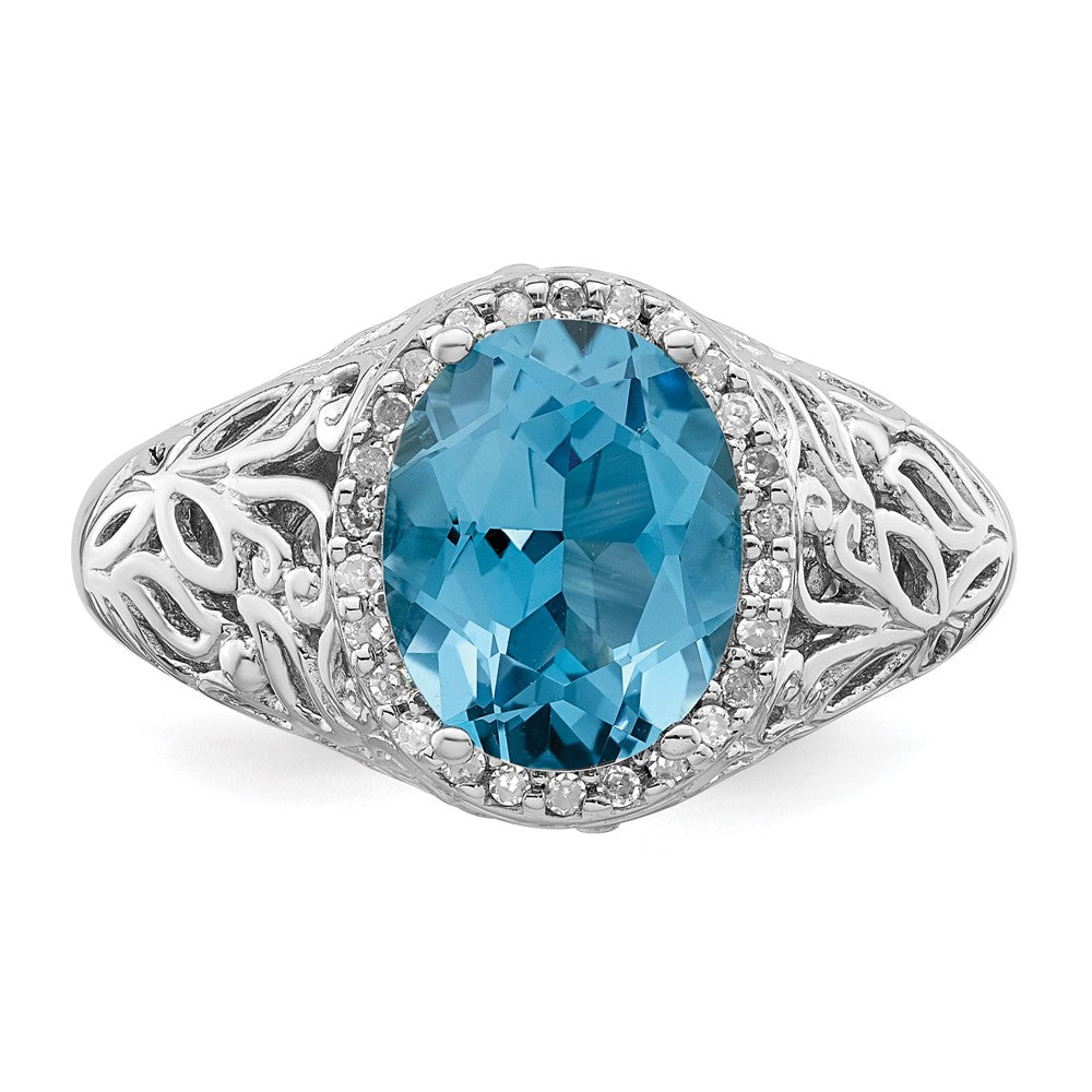 Sterling Silver Rhodium Oval Swiss Blue Topaz & Diamond Ring (Size 7 Only)
