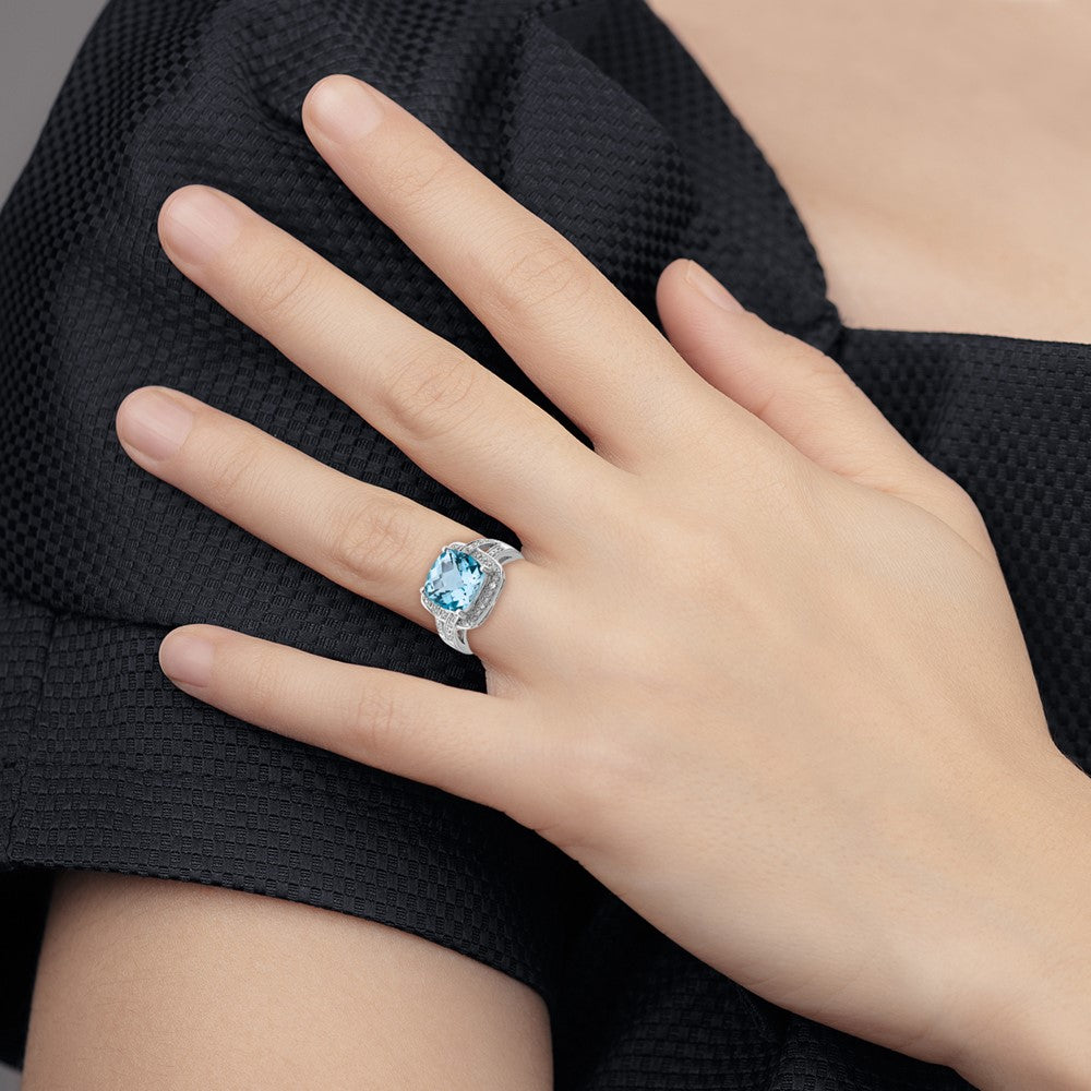 Sterling Silver Rhodium Checker Cut Swiss Blue Topaz & Diamond Ring (Size 7 Only)