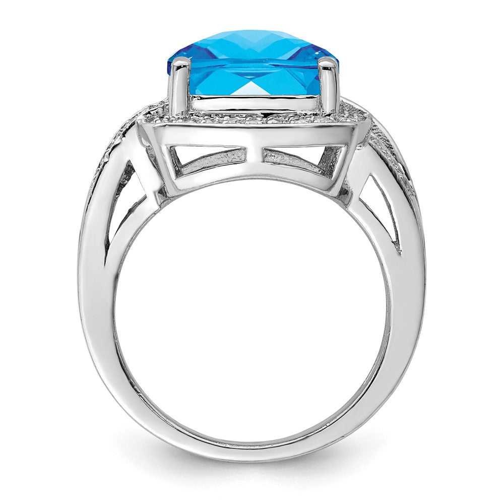 Sterling Silver Rhodium Checker Cut Swiss Blue Topaz & Diamond Ring (Size 7 Only)