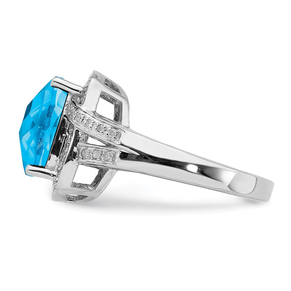 Sterling Silver Rhodium Checker Cut Swiss Blue Topaz & Diamond Ring (Size 7 Only)