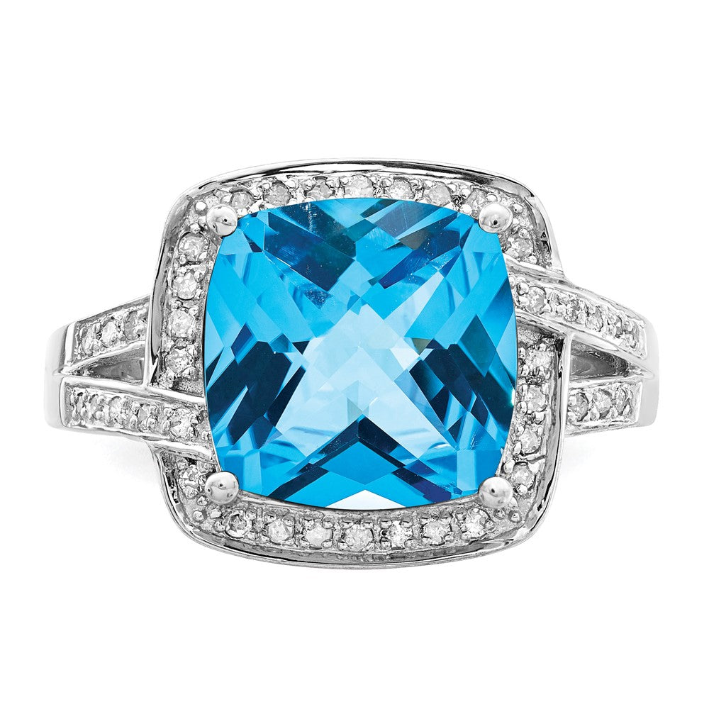 Sterling Silver Rhodium Checker Cut Swiss Blue Topaz & Diamond Ring (Size 7 Only)