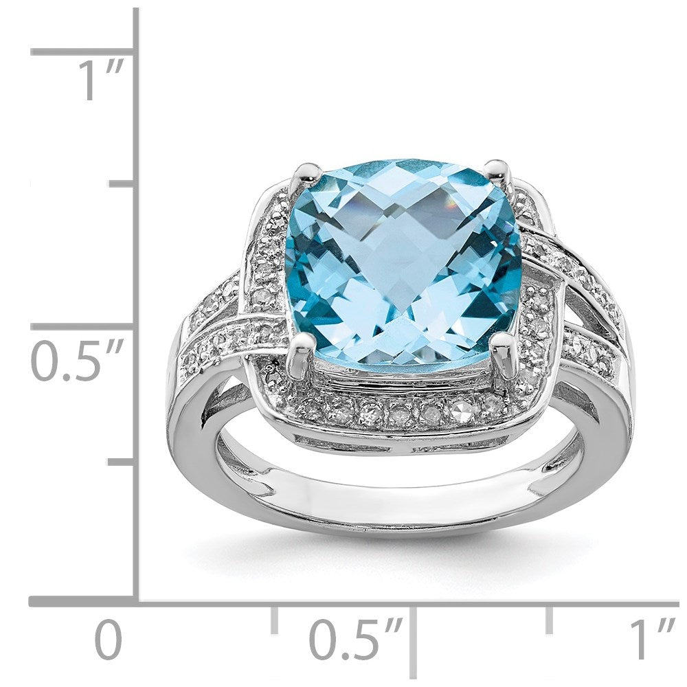 Sterling Silver Rhodium Checker Cut Swiss Blue Topaz & Diamond Ring (Size 7 Only)