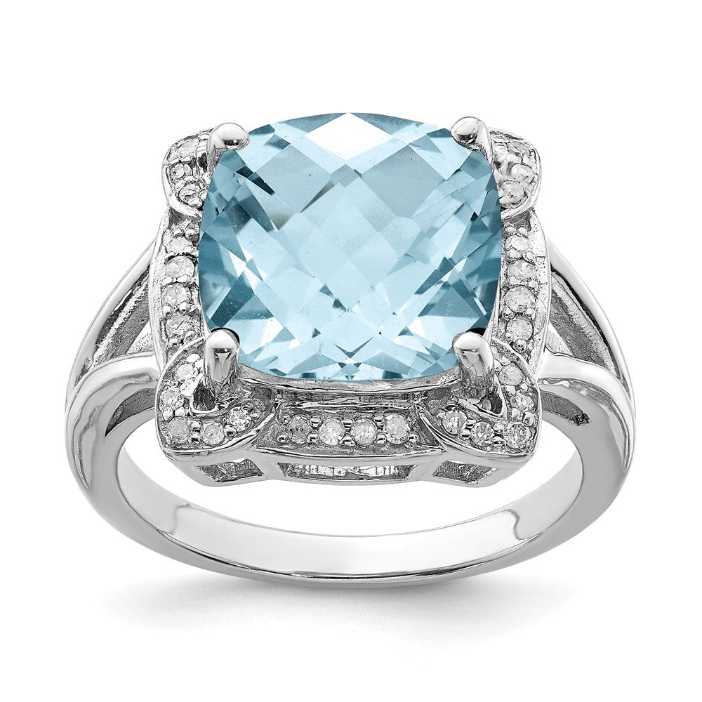 Sterling Silver Rhodium Checker Cut Sky Blue Topaz & Diamond Ring (Size 5 Only)