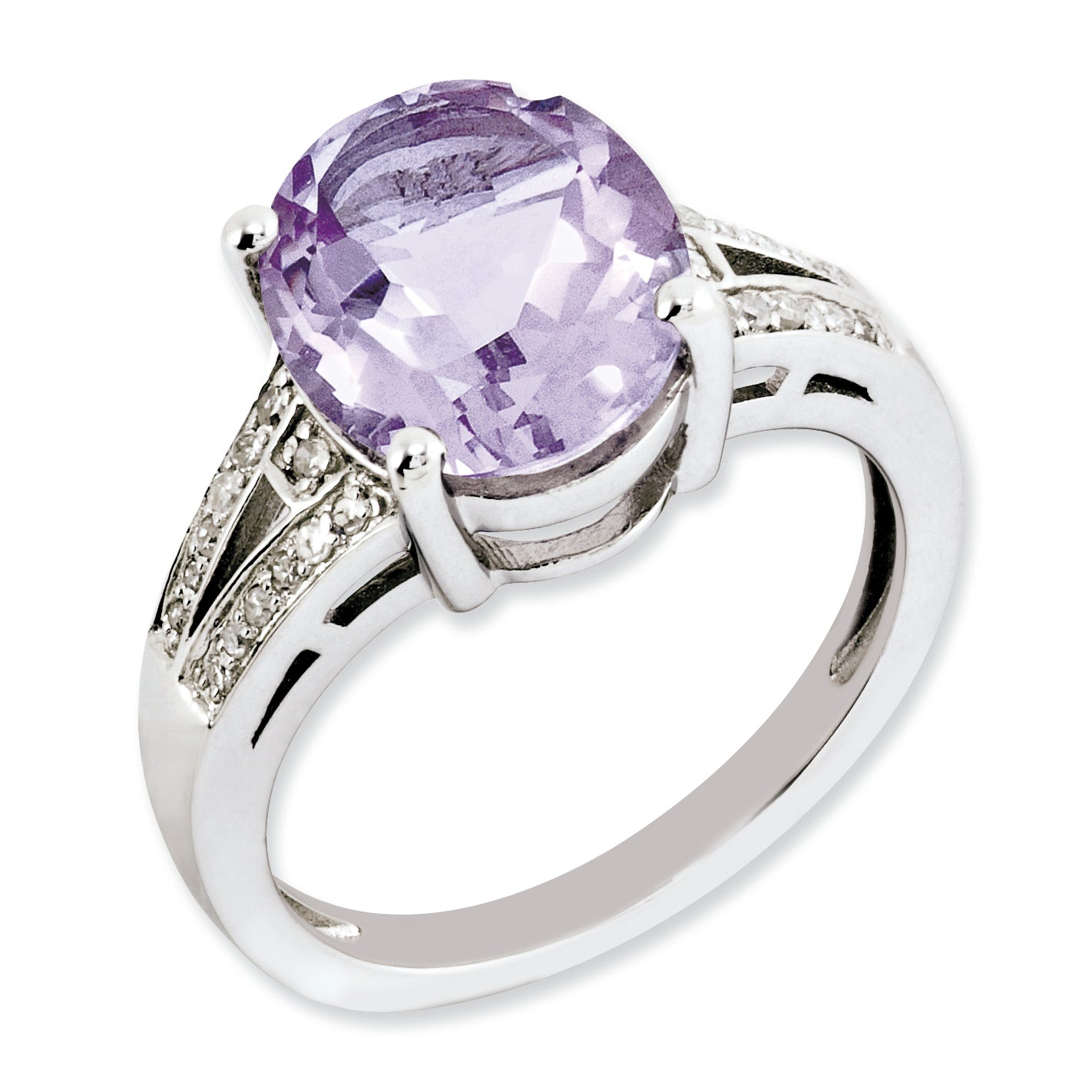 Sterling Silver Rhodium Plated Oval Pink Quartz & Diamond Ring (Size 7 Only)