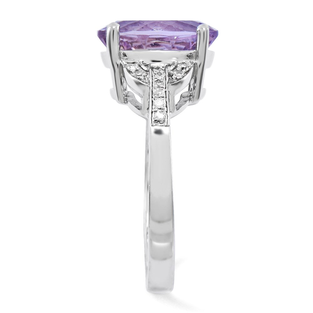 Sterling Silver Rhodium Plated Pink Quartz & Diamond Ring