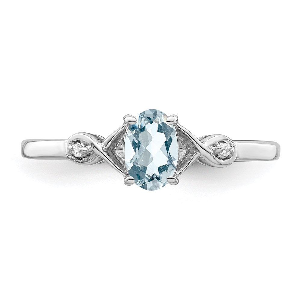 Sterling Silver Rhodium Plated Diamond And Aquamarine Oval Ring